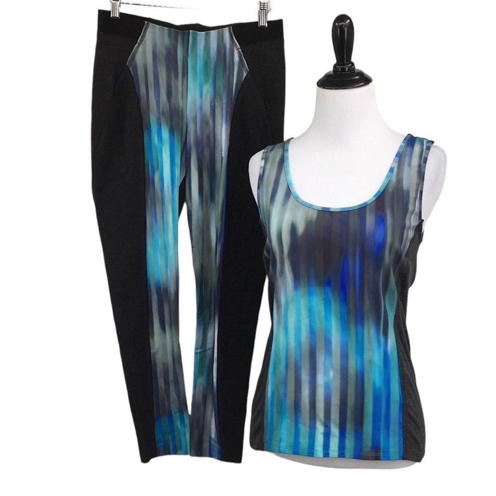 Ellie Tahari‎ Sport Trina Tank Leggings Set Womens Small Gray Blue Striped